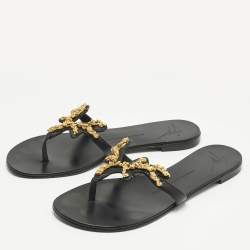 Pre Owned Giuseppe Zanotti Black leather Rock Thong Flat Sandals Size 39