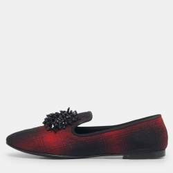 Pre Owned Giuseppe Zanotti Black/Red Fabric Leather Crystal Embellished Loafers Size 38
