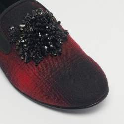Pre Owned Giuseppe Zanotti Black/Red Fabric Leather Crystal Embellished Loafers Size 38