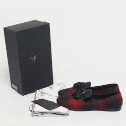 Pre Owned Giuseppe Zanotti Black/Red Fabric Leather Crystal Embellished Loafers Size 38