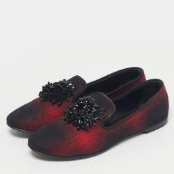 Pre Owned Giuseppe Zanotti Black/Red Fabric Leather Crystal Embellished Loafers Size 38