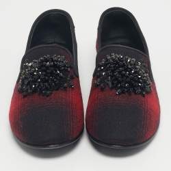 Pre Owned Giuseppe Zanotti Black/Red Fabric Leather Crystal Embellished Loafers Size 38