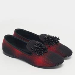 Pre Owned Giuseppe Zanotti Black/Red Fabric Leather Crystal Embellished Loafers Size 38