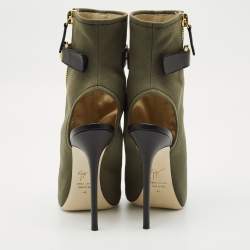 Pre Owned Giuseppe Zanotti Green  Canvas and Leather Roxie Peep Toe Cut Out Ankle Boots  Size 40