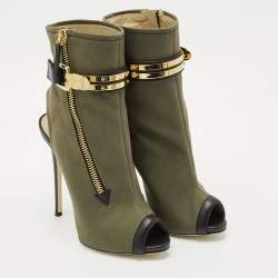 Pre Owned Giuseppe Zanotti Green  Canvas and Leather Roxie Peep Toe Cut Out Ankle Boots  Size 40