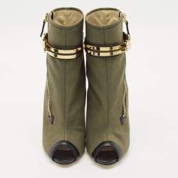 Pre Owned Giuseppe Zanotti Green  Canvas and Leather Roxie Peep Toe Cut Out Ankle Boots  Size 40