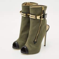Pre Owned Giuseppe Zanotti Green  Canvas and Leather Roxie Peep Toe Cut Out Ankle Boots  Size 40