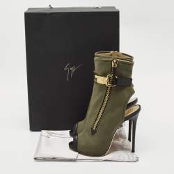 Pre Owned Giuseppe Zanotti Green  Canvas and Leather Roxie Peep Toe Cut Out Ankle Boots  Size 40