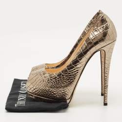 Pre Owned Giuseppe Zanotti Gold Croc Embossed Leather Peep Toe Platform Pumps Size 39