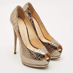 Pre Owned Giuseppe Zanotti Gold Croc Embossed Leather Peep Toe Platform Pumps Size 39