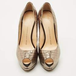 Pre Owned Giuseppe Zanotti Gold Croc Embossed Leather Peep Toe Platform Pumps Size 39