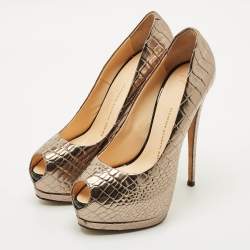 Pre Owned Giuseppe Zanotti Gold Croc Embossed Leather Peep Toe Platform Pumps Size 39