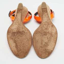 Pre Owned Giuseppe Zanotti Orange Patent Leather Chain Cork Wedge Ankle Strap Sandals Size 37.5