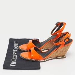Pre Owned Giuseppe Zanotti Orange Patent Leather Chain Cork Wedge Ankle Strap Sandals Size 37.5