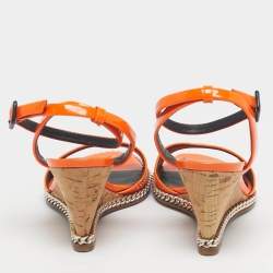Pre Owned Giuseppe Zanotti Orange Patent Leather Chain Cork Wedge Ankle Strap Sandals Size 37.5