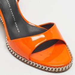 Pre Owned Giuseppe Zanotti Orange Patent Leather Chain Cork Wedge Ankle Strap Sandals Size 37.5