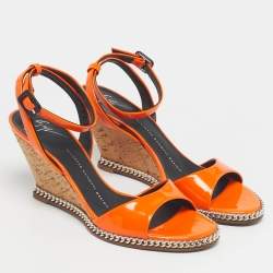 Pre Owned Giuseppe Zanotti Orange Patent Leather Chain Cork Wedge Ankle Strap Sandals Size 37.5