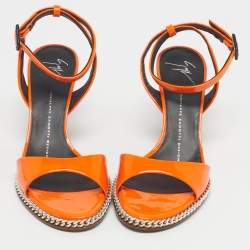 Pre Owned Giuseppe Zanotti Orange Patent Leather Chain Cork Wedge Ankle Strap Sandals Size 37.5