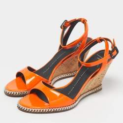 Pre Owned Giuseppe Zanotti Orange Patent Leather Chain Cork Wedge Ankle Strap Sandals Size 37.5