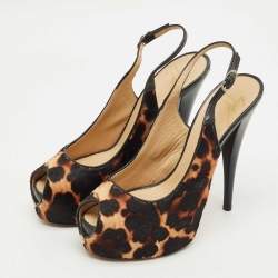 Pre Owned Giuseppe Zanotti Beige leopard Print Calf Hair and Leather Peep Toe Slingback Pumps Size 38