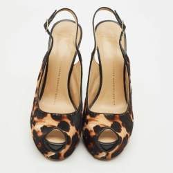 Pre Owned Giuseppe Zanotti Beige leopard Print Calf Hair and Leather Peep Toe Slingback Pumps Size 38