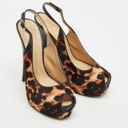 Pre Owned Giuseppe Zanotti Beige leopard Print Calf Hair and Leather Peep Toe Slingback Pumps Size 38