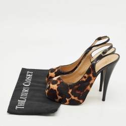 Pre Owned Giuseppe Zanotti Beige leopard Print Calf Hair and Leather Peep Toe Slingback Pumps Size 38