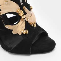 Pre Owned Giuseppe Zanotti Black/Gold Crystal Embellished Suede and Vinyl Strappy Sandals Size 41