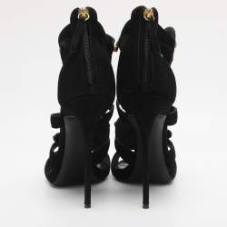 Pre Owned Giuseppe Zanotti Black/Gold Crystal Embellished Suede and Vinyl Strappy Sandals Size 41