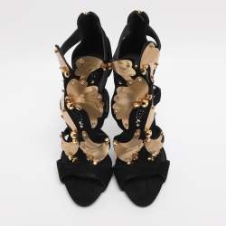 Pre Owned Giuseppe Zanotti Black/Gold Crystal Embellished Suede and Vinyl Strappy Sandals Size 41
