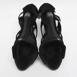 Pre Owned Giuseppe Zanotti Black/Gold Crystal Embellished Suede and Vinyl Strappy Sandals Size 41