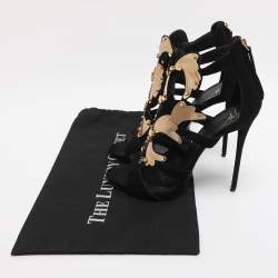Pre Owned Giuseppe Zanotti Black/Gold Crystal Embellished Suede and Vinyl Strappy Sandals Size 41