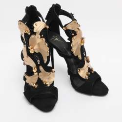 Pre Owned Giuseppe Zanotti Black/Gold Crystal Embellished Suede and Vinyl Strappy Sandals Size 41