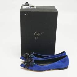 Pre Owned Giuseppe Zanotti Blue Suede Crystal Embellished Ballet Flats Size 36