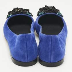 Pre Owned Giuseppe Zanotti Blue Suede Crystal Embellished Ballet Flats Size 36