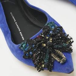 Pre Owned Giuseppe Zanotti Blue Suede Crystal Embellished Ballet Flats Size 36