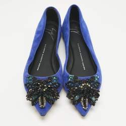 Pre Owned Giuseppe Zanotti Blue Suede Crystal Embellished Ballet Flats Size 36