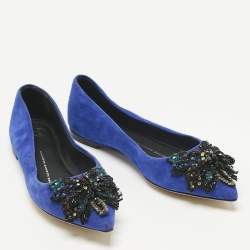 Pre Owned Giuseppe Zanotti Blue Suede Crystal Embellished Ballet Flats Size 36