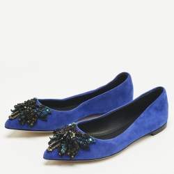 Pre Owned Giuseppe Zanotti Blue Suede Crystal Embellished Ballet Flats Size 36