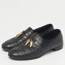 Pre Owned Giuseppe Zanotti Black Croc Embossed Leather Shark Tooth Smoking Slippers Size 42