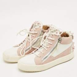 Pre Owned Giuseppe Zanotti Pink/White Suede and Leather Double Zipper High Top Sneakers Size 37