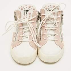 Pre Owned Giuseppe Zanotti Pink/White Suede and Leather Double Zipper High Top Sneakers Size 37