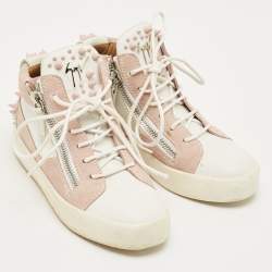 Pre Owned Giuseppe Zanotti Pink/White Suede and Leather Double Zipper High Top Sneakers Size 37
