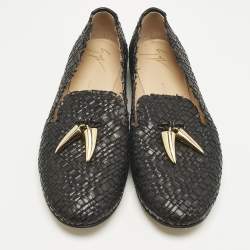 مملوكة مسبقًا Giuseppe Zanotti Black Woven Leather Shark Tooth Embellish Smoking Slippers Size 37