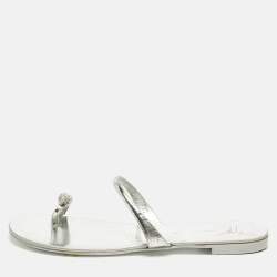 Pre Owned Giuseppe Zanotti Silver Leather Crystal Embellished Toe Ring Flat Sandals Size 38