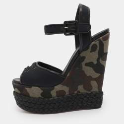Pre Owned Giuseppe Zanotti Black Canvas And Leather Camouflage Platform Wedge Sandals Size 37