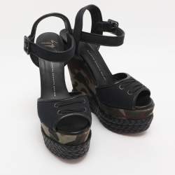 Pre Owned Giuseppe Zanotti Black Canvas And Leather Camouflage Platform Wedge Sandals Size 37