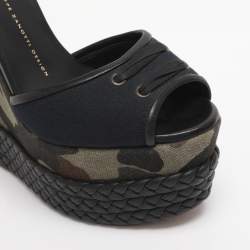 Pre Owned Giuseppe Zanotti Black Canvas And Leather Camouflage Platform Wedge Sandals Size 37
