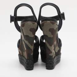 Pre Owned Giuseppe Zanotti Black Canvas And Leather Camouflage Platform Wedge Sandals Size 37