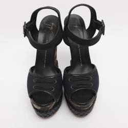 Pre Owned Giuseppe Zanotti Black Canvas And Leather Camouflage Platform Wedge Sandals Size 37